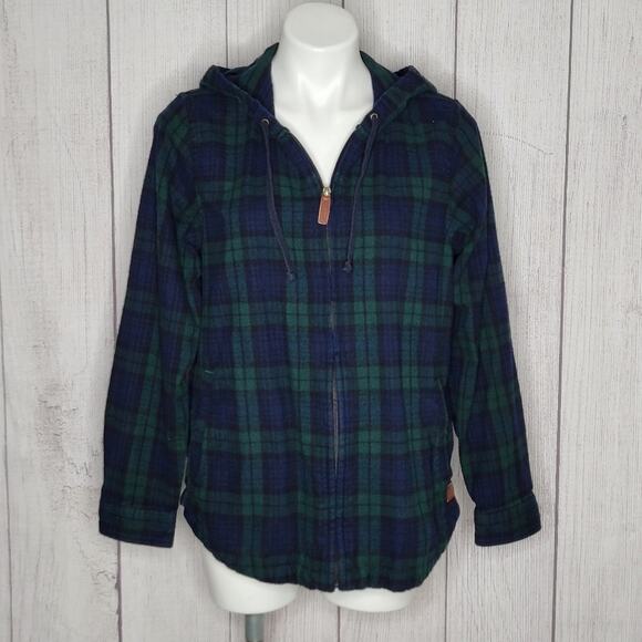 L.L. Bean Green/Blue Plaid Flannel Hooded Zip Long Sleeve Shirt, Size Medium - Picture 1 of 8